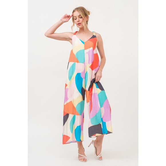 And The Why Tied Shoulder Straps Geo Print Pockets Wide Leg Jumpsuit | Yellow - Picture 4 of 11